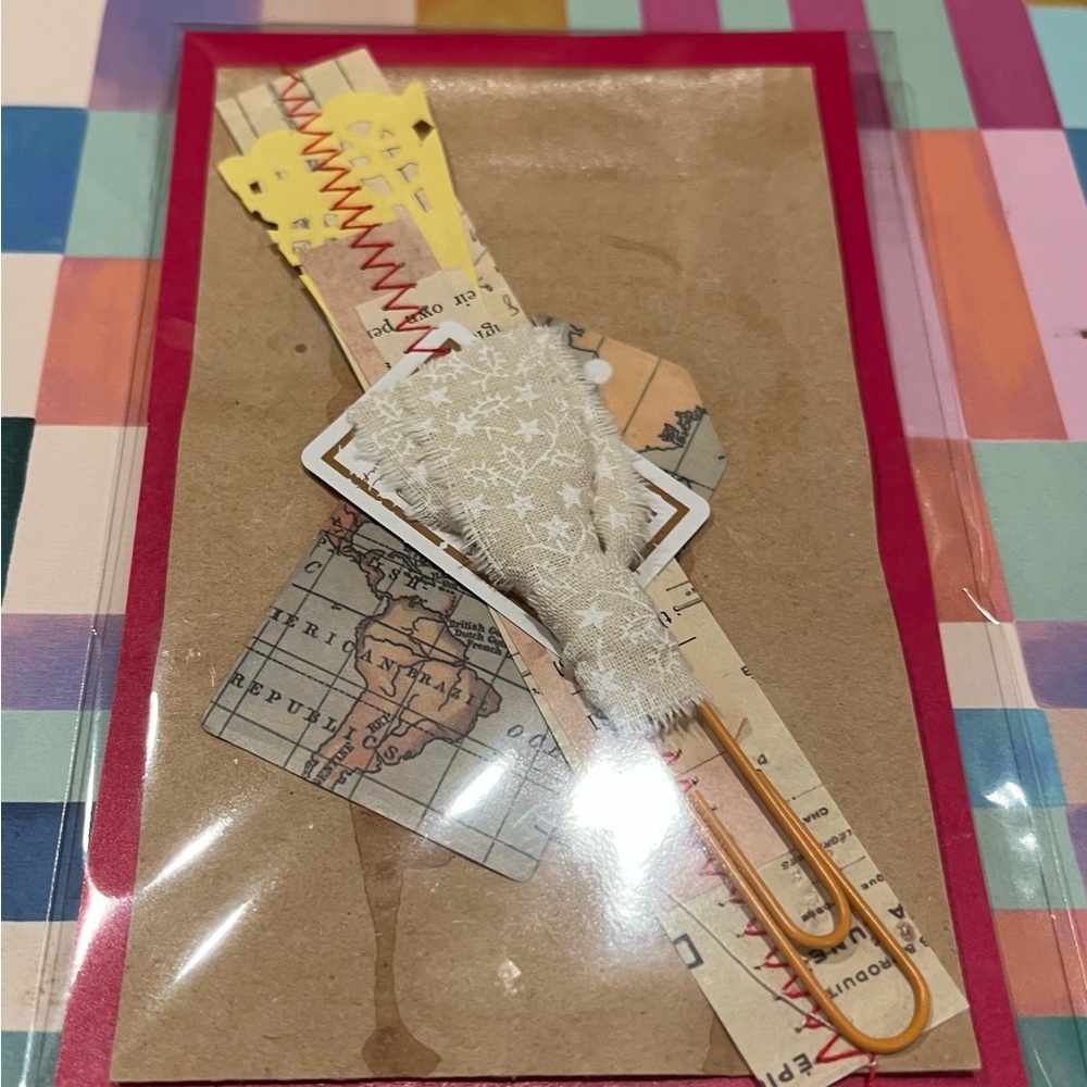 Brown paper envelope, Rustic Paper Clip with Fabric Accent,paper ephemera strip
